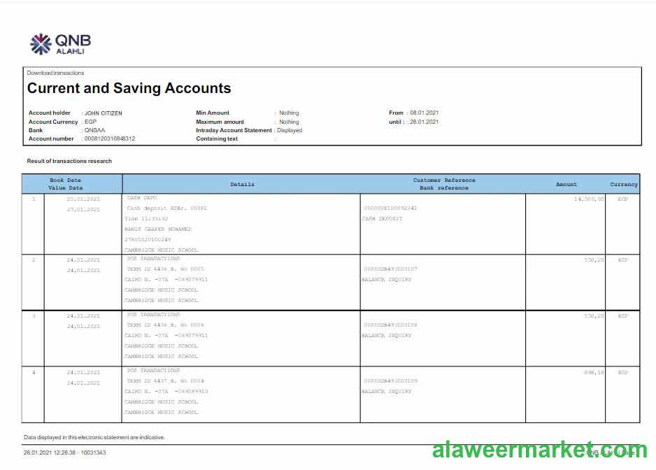 Qatar QNB ALAHLI bank statement Word and PDF template scr